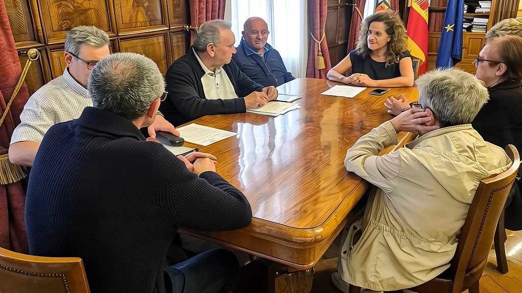Reunión de miembros de la Asociación de Jubilados Anticipados con 40 o más años cotizados (Asjubi40) alrededor de una mesa de madera en una sala institucional.