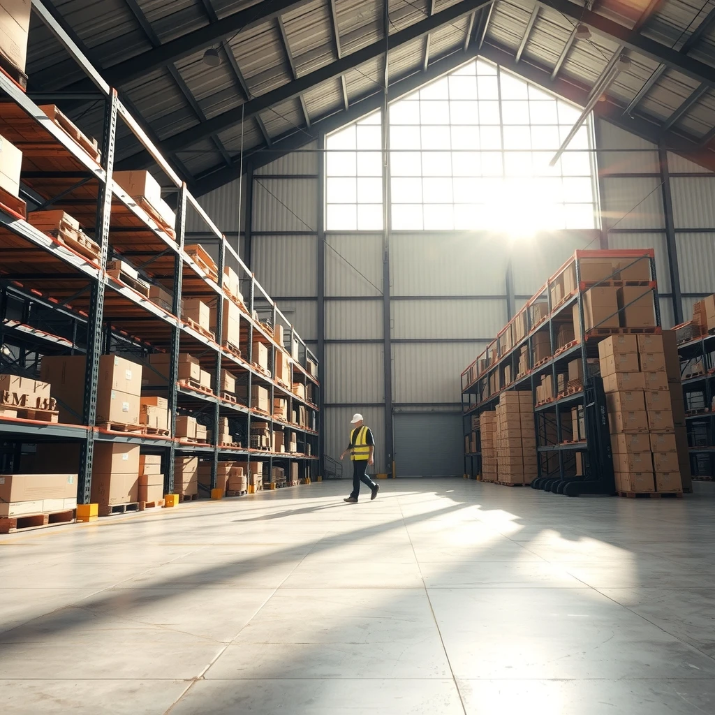 Fotografía editorial de un gran almacén logístico iluminado por la luz del sol que entra a través de un gran ventanal, con estanterías metálicas repletas de cajas de cartón y un operario con chaleco reflectante caminando por el suelo de hormigón.