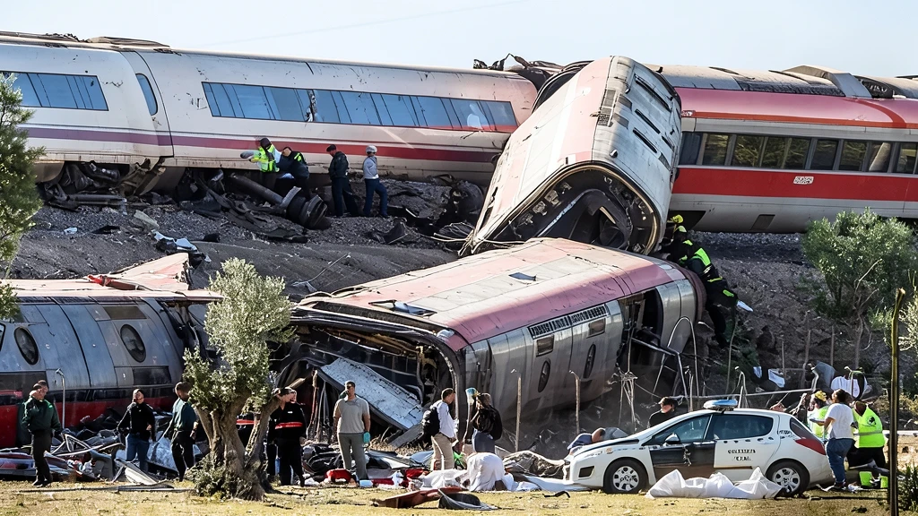 Fotografía editorial de las labores de rescate y seguridad tras un accidente ferroviario con varios vagones descarrilados y volcados, presencia de equipos de emergencia y vehículos de la Guardia Civil.