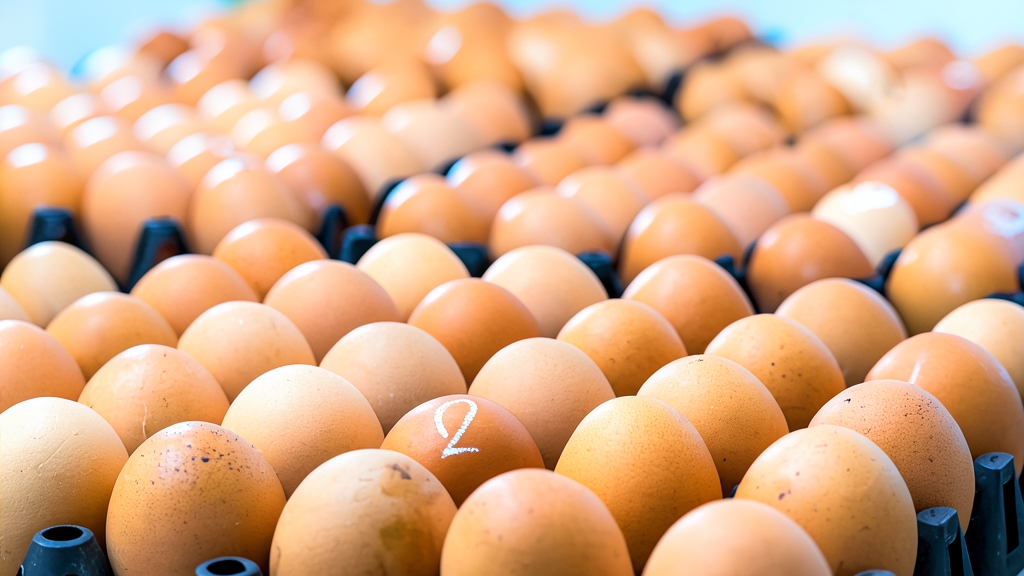 Fotografía editorial de primer plano de numerosos huevos frescos marrones colocados en bandejas de plástico en una granja o planta de procesamiento, con un huevo marcado con el número 2.