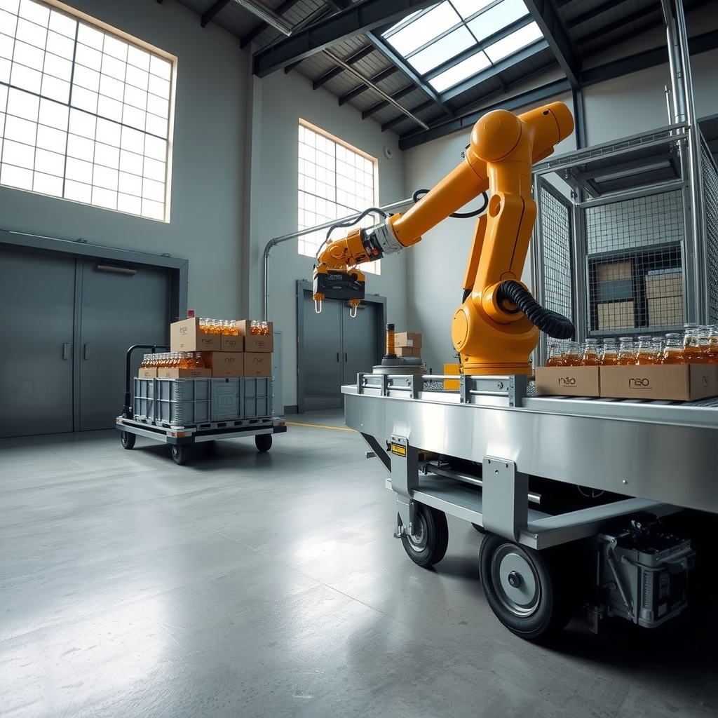 Brazo robótico industrial amarillo operando junto a una línea de producción de botellas y cajas de alimentos en una fábrica moderna.
