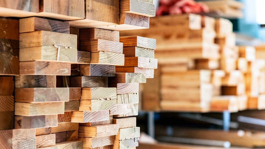 Pilas de listones de madera cortados y apilados en una carpintería.