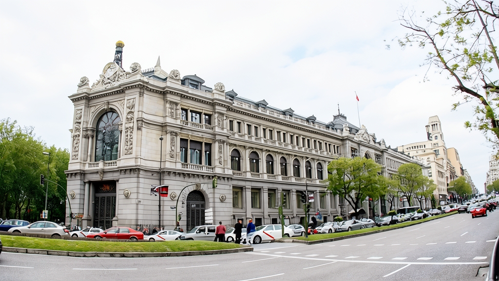 Fachada principal del edificio del Banco de España en Madrid con tráfico y peatones en la calle.