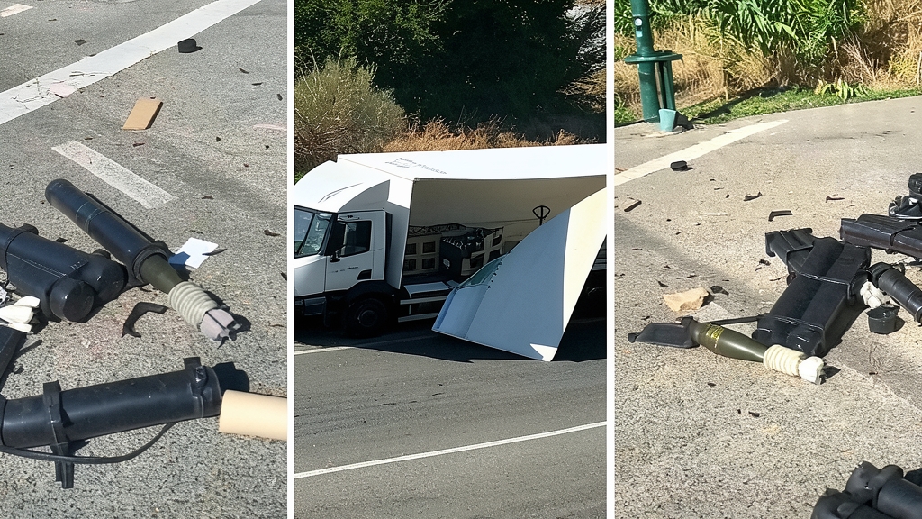 Composición de tres fotografías que muestran el accidente de un camión de la Fábrica de Municiones en Granada con granadas de mortero esparcidas en la calzada y la intervención de seguridad.