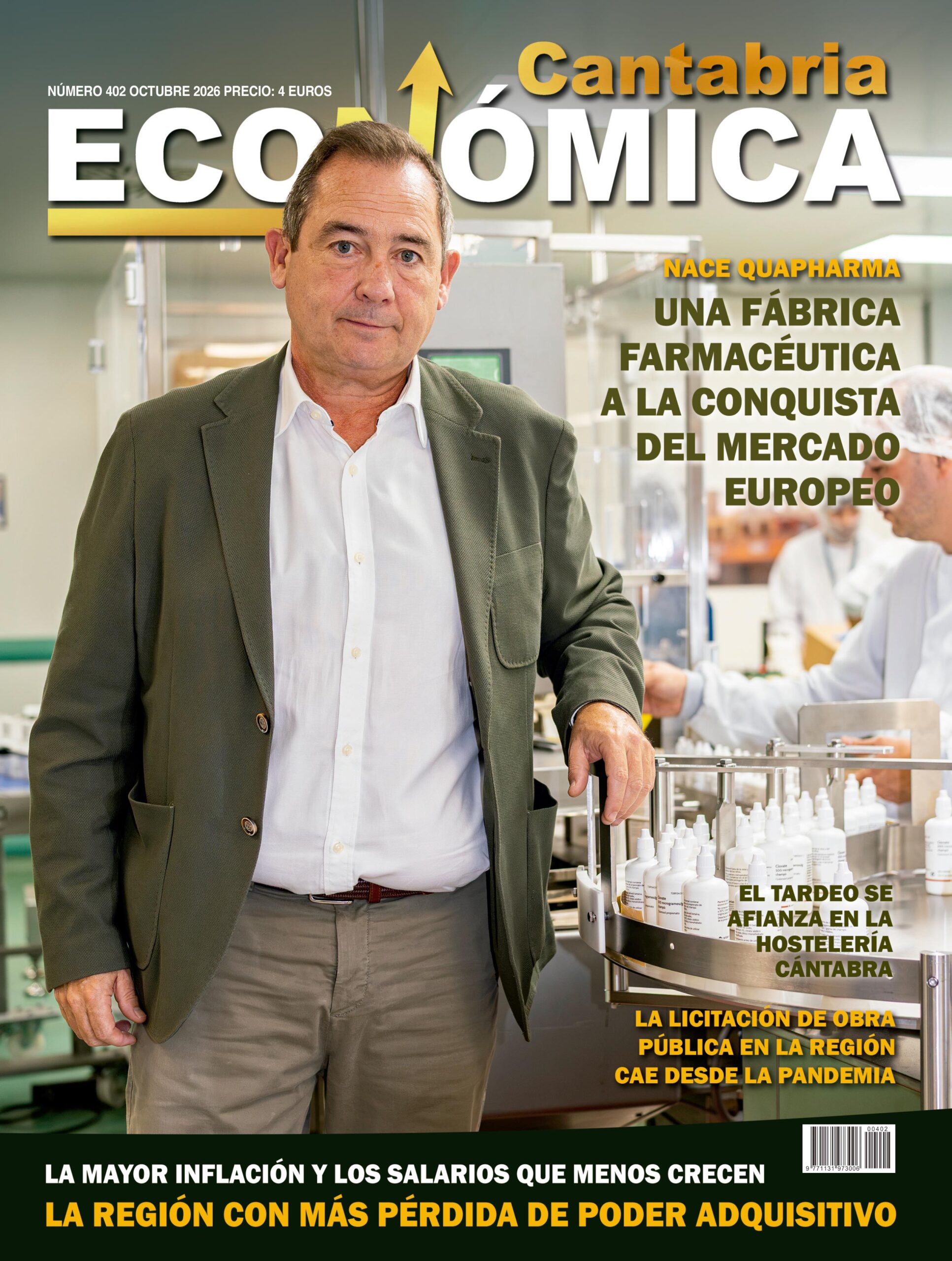 Portada de la revista Cantabria Económica número 402 de octubre de 2026, con un hombre de pie en una fábrica farmacéutica y titulares sobre economía.