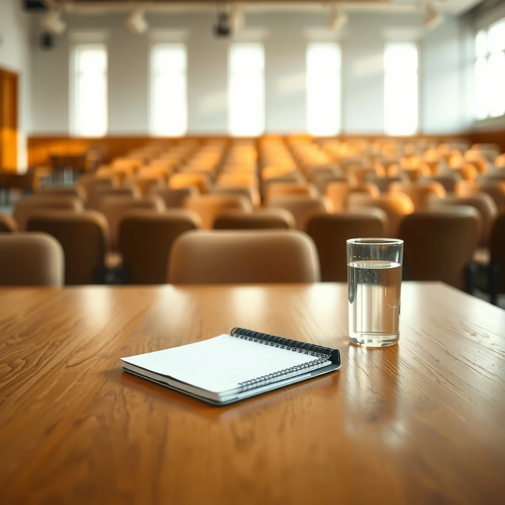 Mesa de madera en primer plano con un cuaderno de espiral abierto y un vaso de agua, con una sala de conferencias o salón de actos desenfocado al fondo.