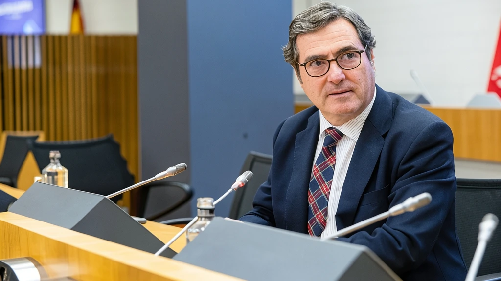 Antonio Garamendi, presidente de la CEOE, hablando ante micrófonos en una sala institucional.