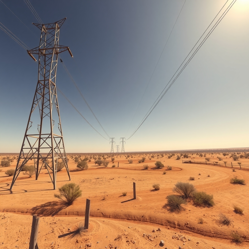Paisaje desértico en Australia con una gran torre de alta tensión y líneas de transmisión eléctrica bajo un cielo despejado.