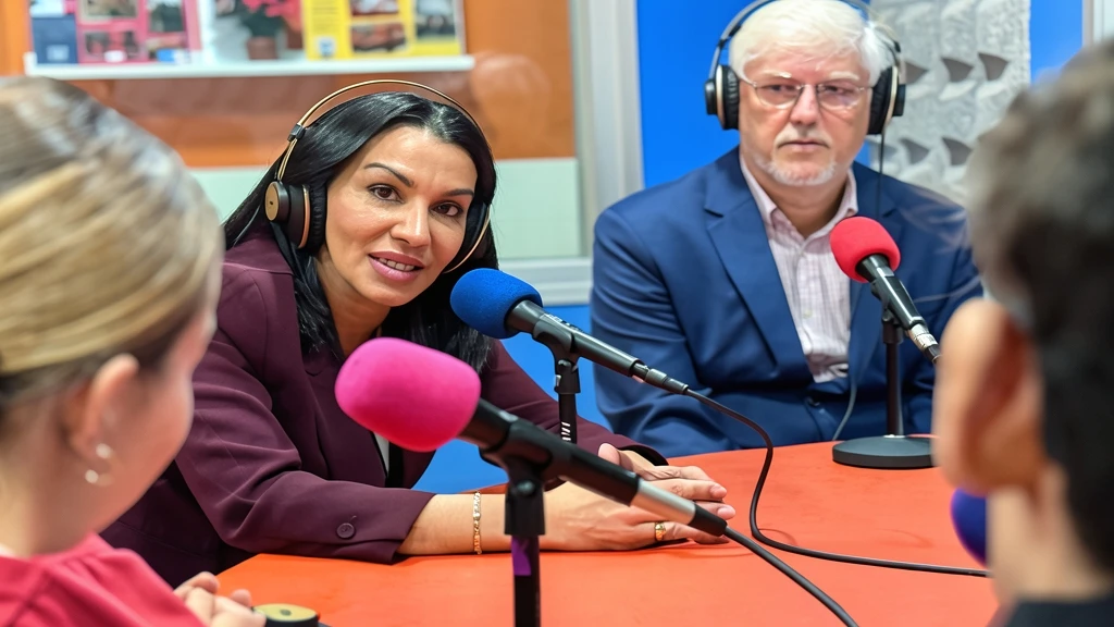 Fotografía editorial de una mujer con chaqueta burdeos y auriculares hablando ante un micrófono en un estudio de radio, acompañada por un hombre con chaqueta azul y gafas al fondo.