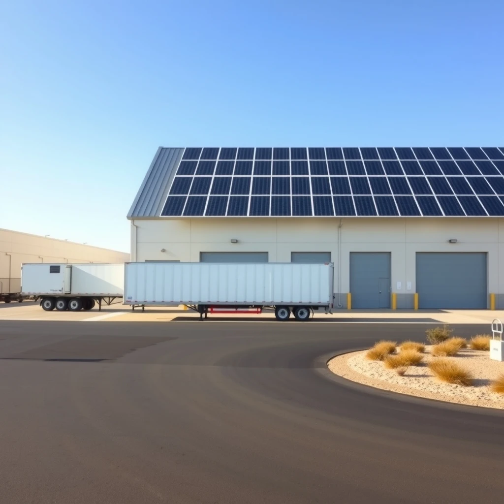 Fotografía exterior de una plataforma logística con grandes paneles solares instalados en el tejado y un camión aparcado frente al edificio bajo un cielo azul despejado.