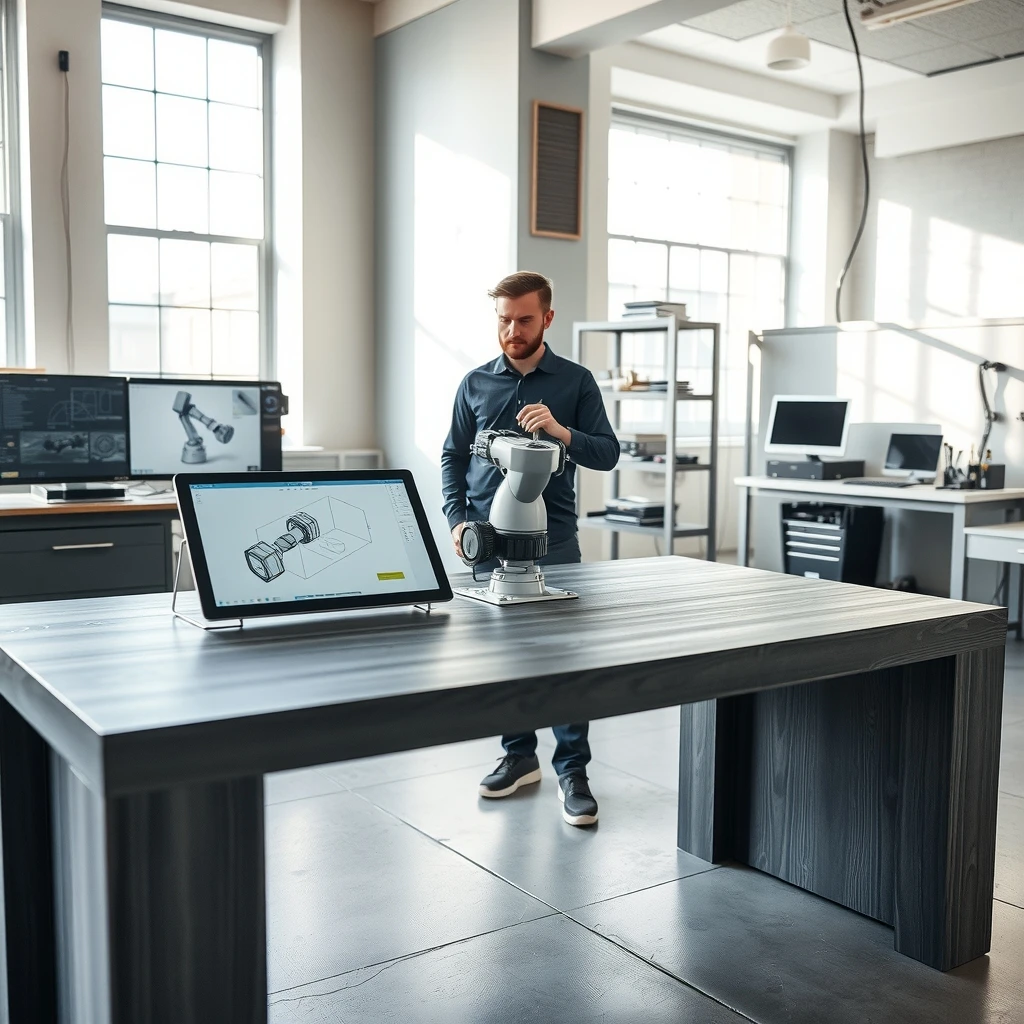 Fotografía editorial de un ingeniero trabajando en un centro tecnológico de innovación digital con pantallas mostrando diseños CAD y un brazo robótico industrial sobre una mesa.
