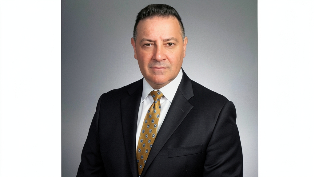 Retrato corporativo formal de un hombre de mediana edad con traje negro, camisa blanca y corbata dorada estampada, posando frente a un fondo gris neutro.