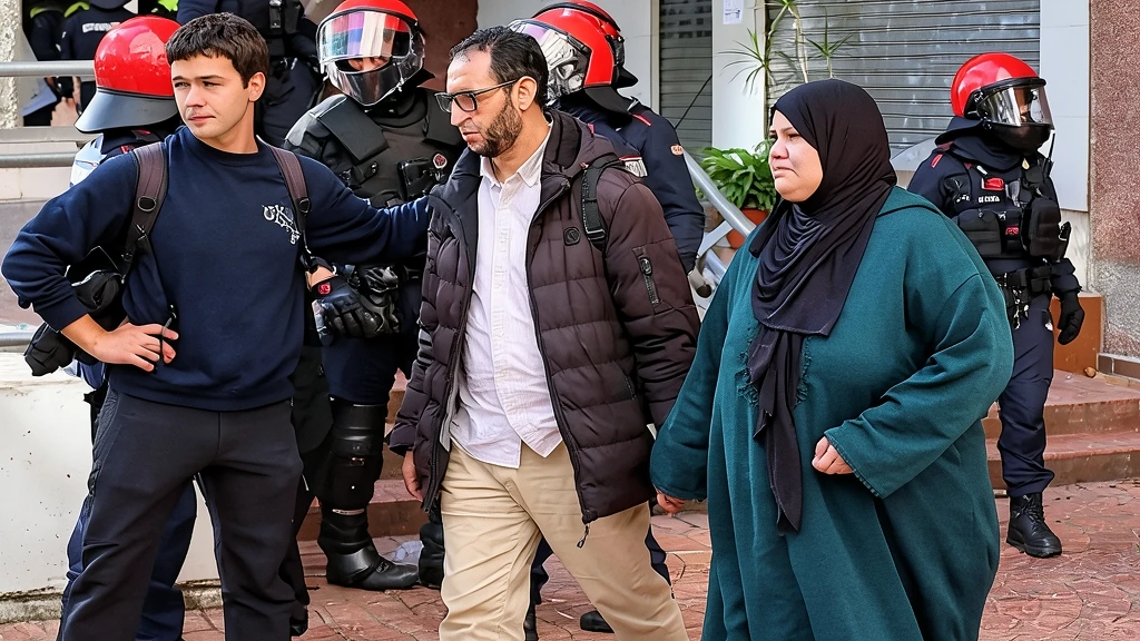 Fotografía editorial que muestra un momento de tensión con manifestantes y agentes antidisturbios en la calle.