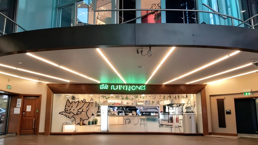 Fachada o entrada de un establecimiento con una marquesina curva iluminada y luces LED en el techo.