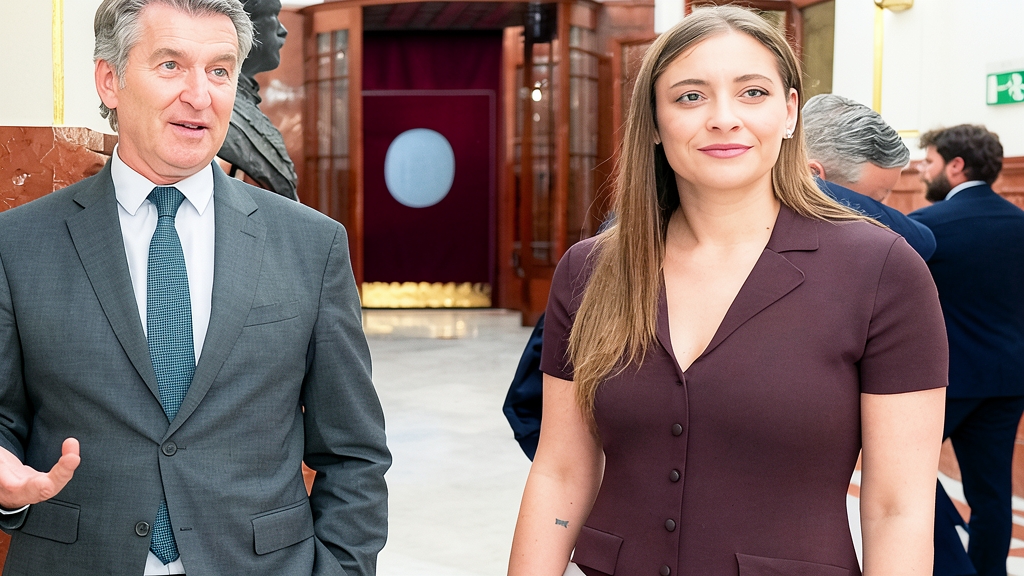 Alberto Núñez Feijóo y Ester Muñoz en un pasillo institucional conversando.