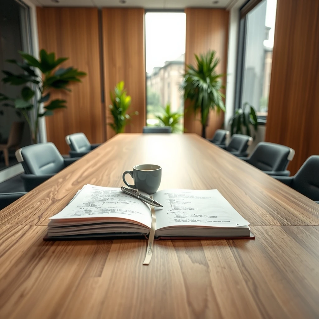 Una amplia sala de reuniones corporativa con una gran mesa de madera, sillas ejecutivas, plantas verdes y ventanales luminosos. En primer plano hay un cuaderno abierto con notas y un bolígrafo, junto con una taza de café gris.