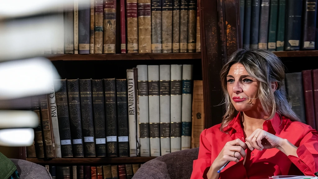 Yolanda Díaz en un evento con estanterías llenas de libros al fondo