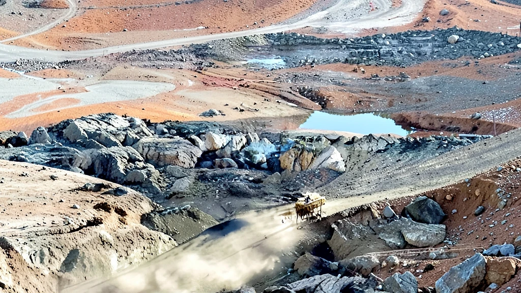 Vista panorámica aérea de una mina a cielo abierto con un camión de transporte circulando por una pista polvorienta en una zona montañosa árida.