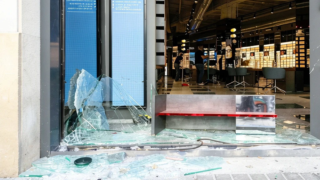 Escaparate destrozado de una tienda con cristales rotos esparcidos por el suelo y mobiliario interior visible, tras los disturbios en Barcelona.