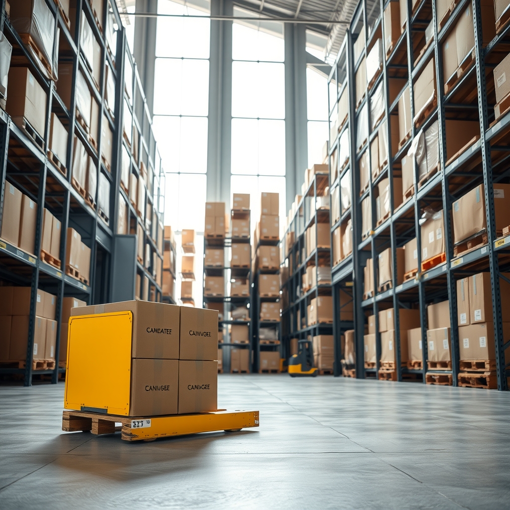 Fotografía editorial de un almacén logístico amplio con estanterías metálicas llenas de cajas de cartón y una carretilla elevadora con paquetes en primer plano.