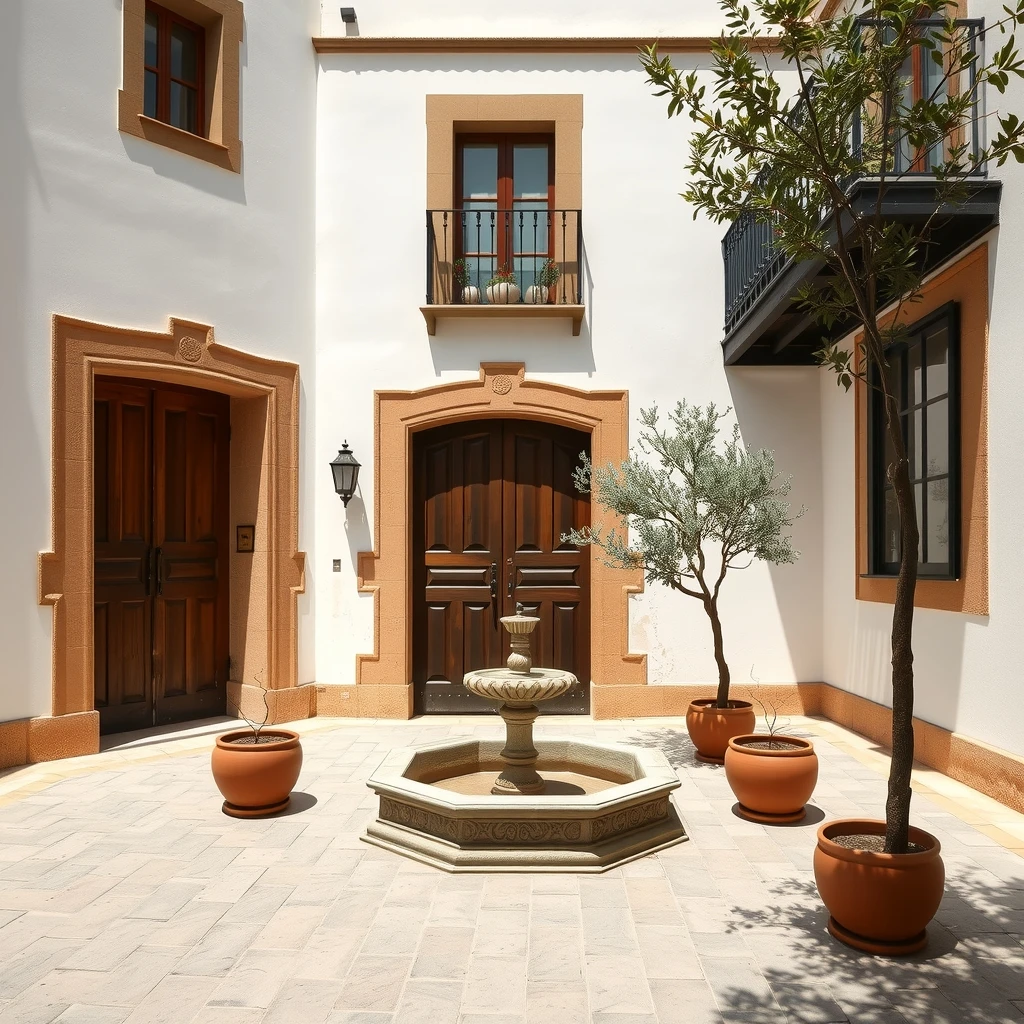 Patio andaluz interior de una hacienda con paredes blancas, carpintería de madera noble, fuente octogonal central de piedra, balcón de forja y varios naranjos en macetas de terracota.