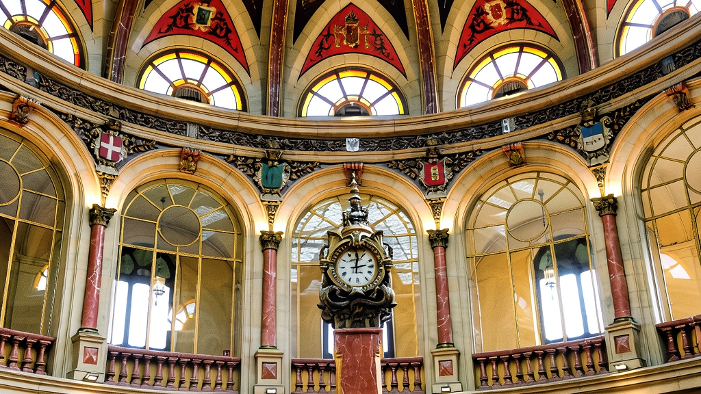 Interior de un edificio de arquitectura clásica con grandes ventanales arqueados, columnas de mármol y un reloj antiguo ornamental en el centro.