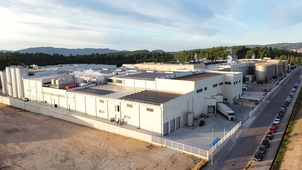 Vista aérea de una gran planta industrial de producción de alimentos con silos metálicos, camiones de reparto y vehículos estacionados junto a una carretera, bajo un cielo parcialmente nublado.