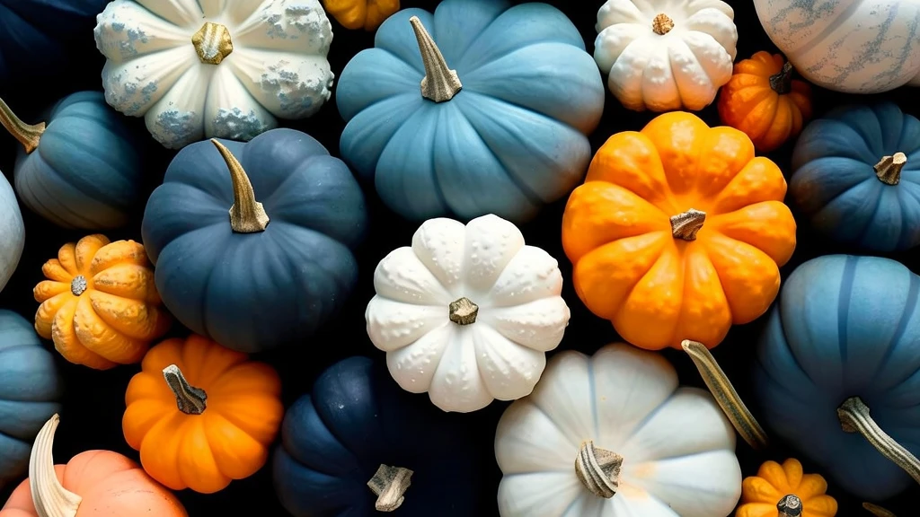 Varias calabazas decorativas de diferentes colores, incluyendo azul, blanco y naranja, dispuestas sobre un fondo oscuro.