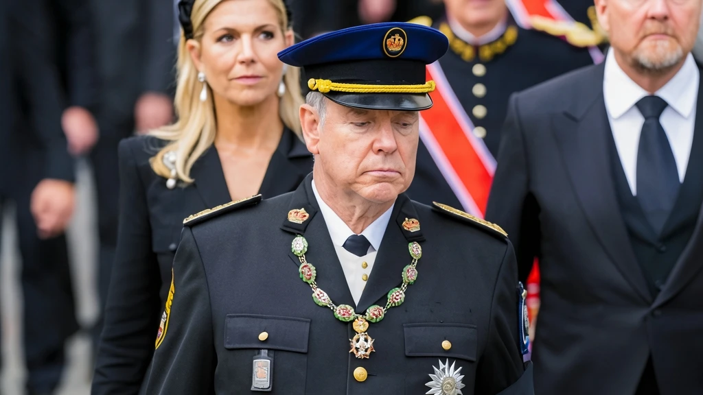 Fotografía editorial del príncipe Alberto de Mónaco de luto vistiendo uniforme formal con condecoraciones, acompañado por la reina Máxima de los Países Bajos y otros dignatarios.