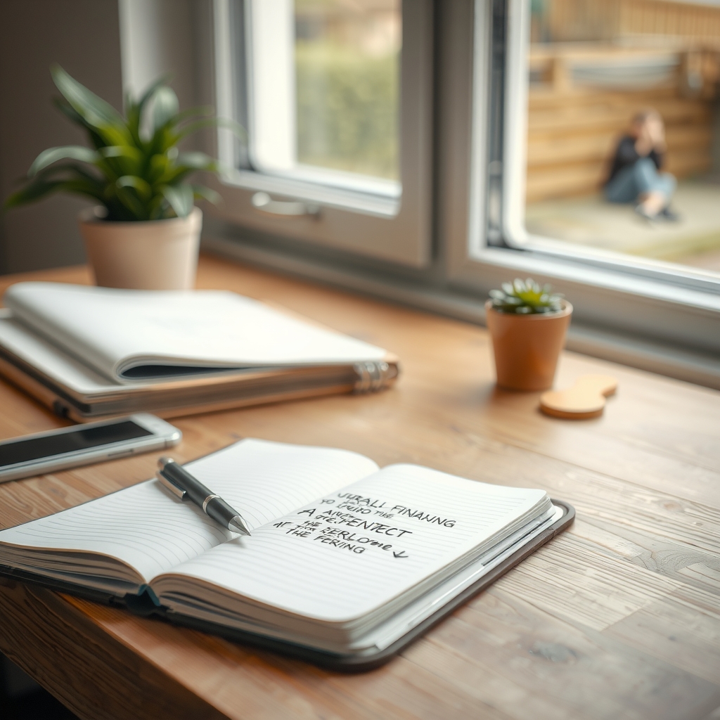 Escritorio de madera con un cuaderno abierto con anotaciones, un bolígrafo, un teléfono móvil y macetas con plantas, frente a una ventana donde se ve una persona sentada afuera.