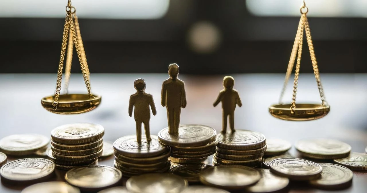 Figura de una persona de pie sobre pilas de monedas de oro entre una balanza de la justicia y platillos de pesaje.