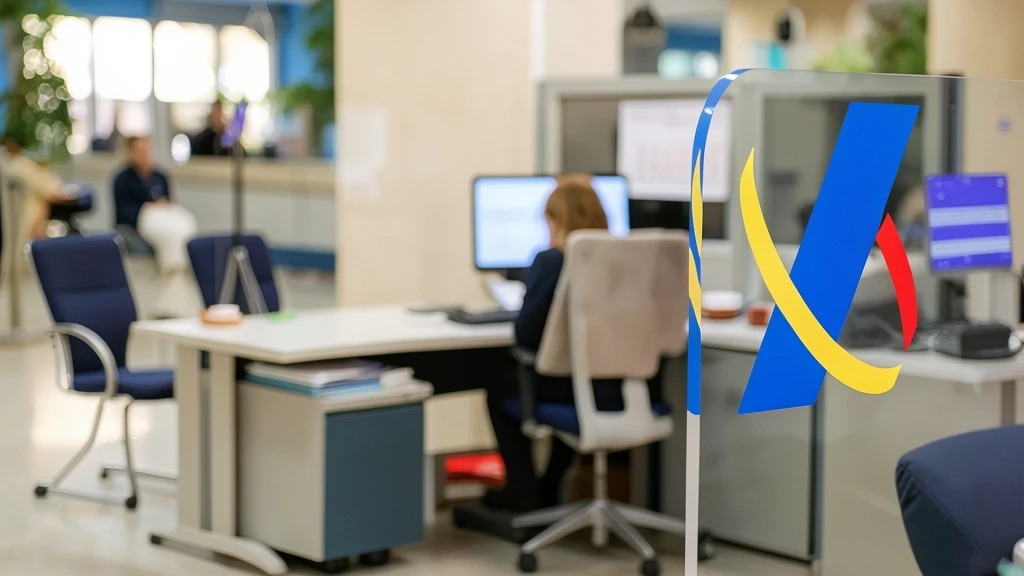Oficina de la Agencia Tributaria con mampara transparente que muestra el logotipo institucional, con una trabajadora sentada frente a un ordenador al fondo y escritorios de oficina.