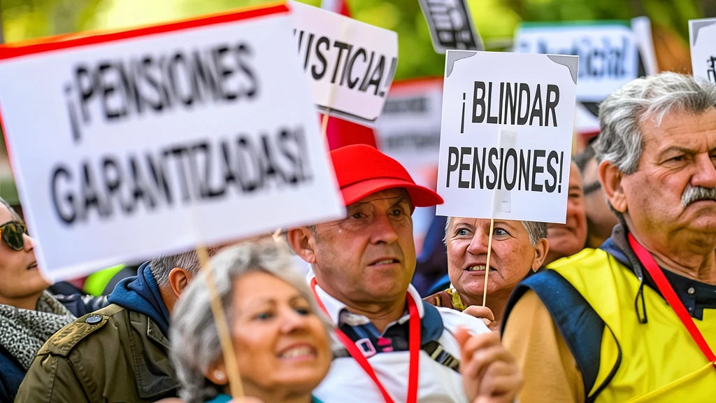 manifestantes portando pancartas sobre pensiones en una protesta callejera