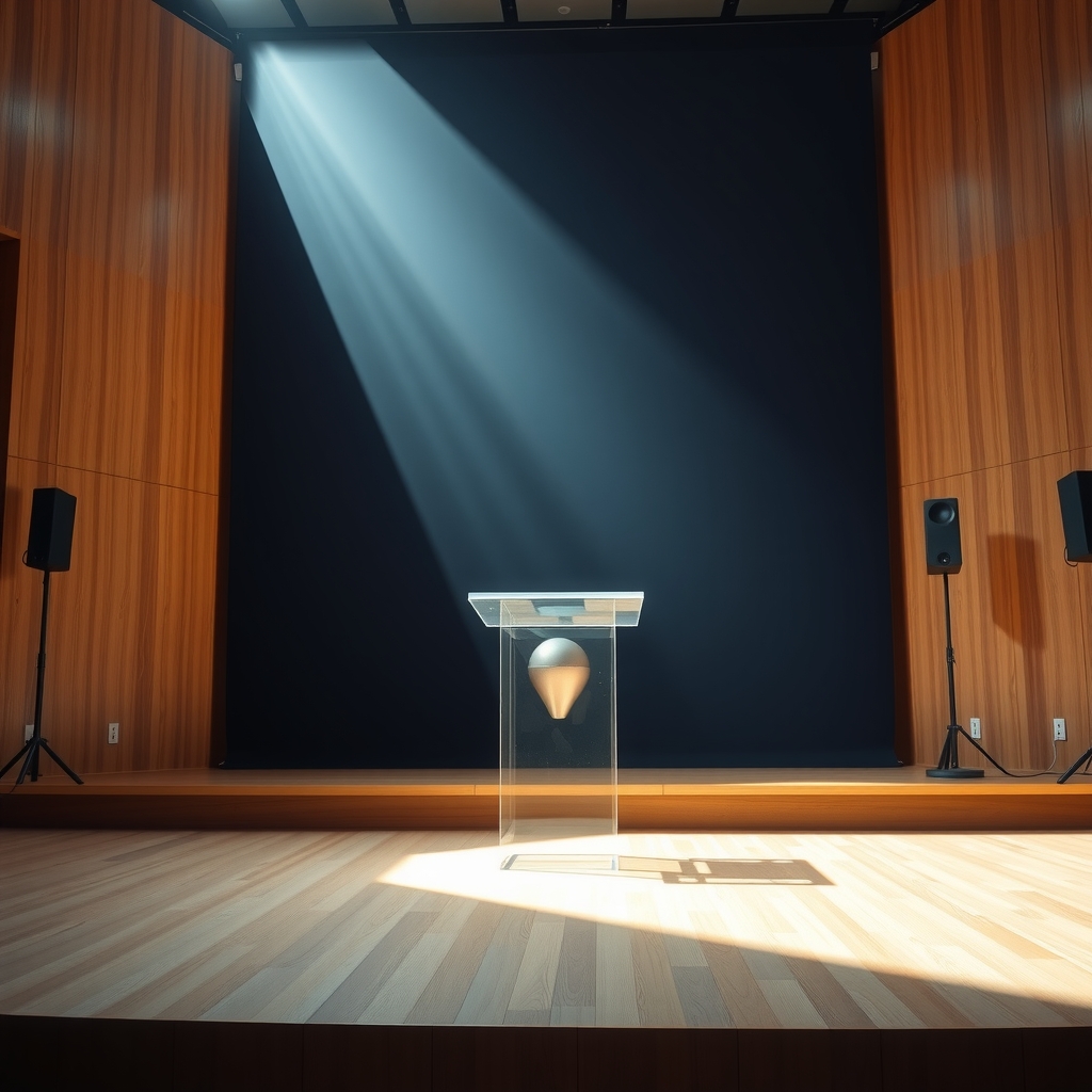 Escenario de un auditorio con paredes de madera, un telón de fondo oscuro iluminado por un haz de luz cenital y un atril transparente en el centro con una pieza metálica en su interior.