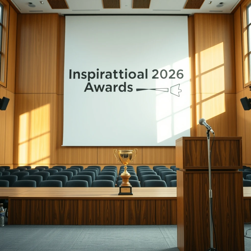 Fotografía de auditorio corporativo con pantalla gigante al fondo que muestra el letrero 'Inspirattioal 2026 Awards', un atril de madera con micrófono en primer plano y un trofeo dorado en el centro del escenario.