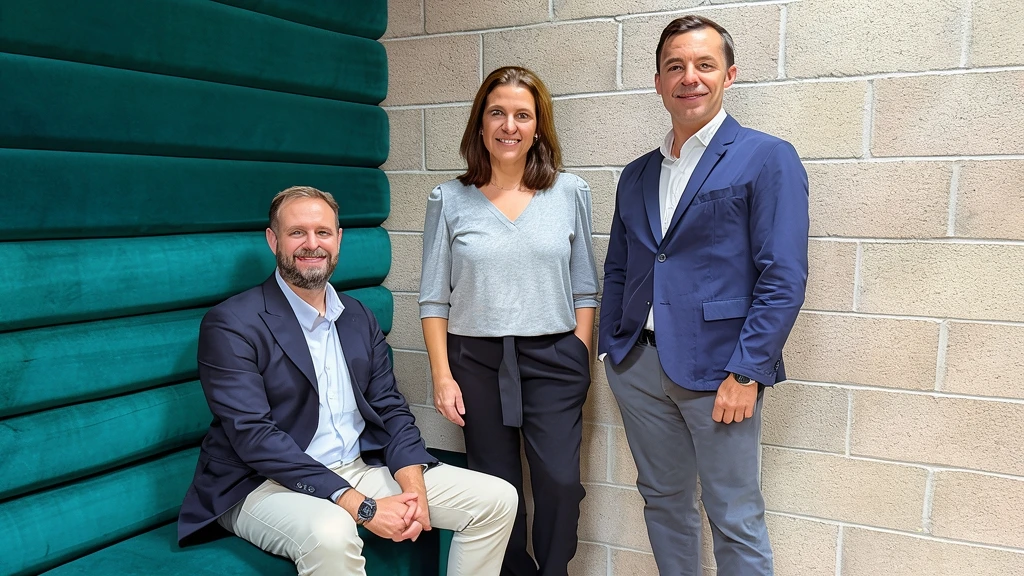 Fotografía editorial que muestra a tres directivos de Publicis Groupe en Barcelona: Javier Recuenco Solas sentado a la izquierda, Rita Gutiérrez en el centro y Carlos Bravo a la derecha, posando juntos en una oficina.