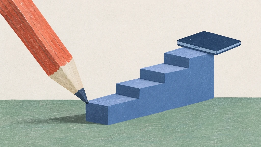 Ilustración conceptual de un lápiz rojo apoyado en una escalera azul de caracol ascendente que termina en una pequeña pantalla o dispositivo.