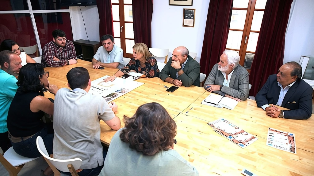 Reunión institucional entre representantes del Ayuntamiento de Jerez y miembros de la Junta de Gobierno de la Hermandad de las Tres Caídas alrededor de una mesa con planos.