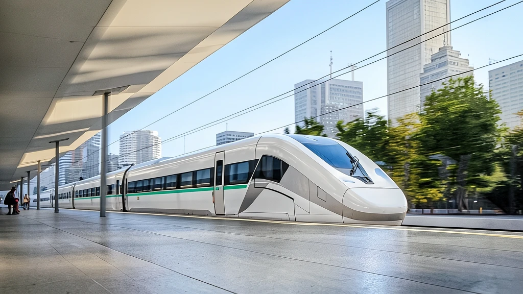 Tren de alta velocidad blanco y verde en una estación moderna con fondo urbano.