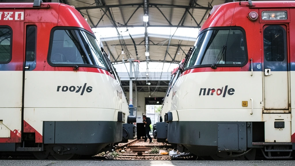 Dos trenes de cercanías rojos y blancos de Renfe detenidos en una estación de vías bajo una estructura metálica.
