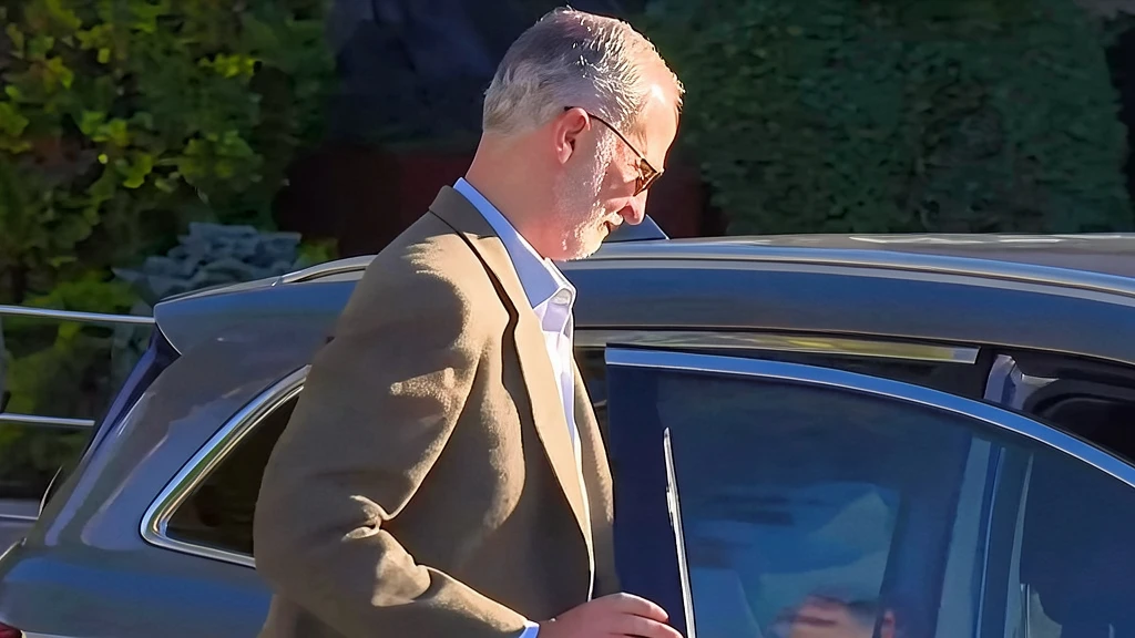 El rey Felipe VI con gafas de sol junto a un coche, tras recibir el alta médica.