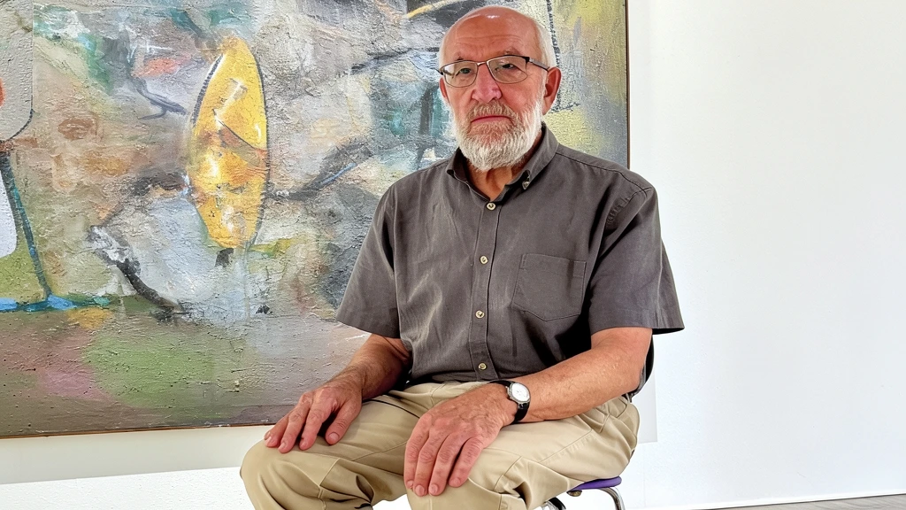 Retrato de Juan Manuel Puente sentado frente a una obra de arte abstracto en la Sala Robayera de Miengo.